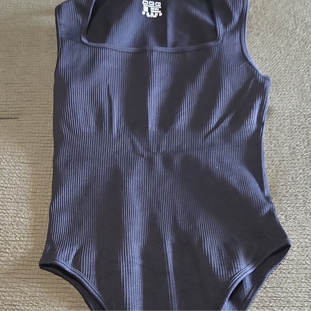 QQQ Ribbed Square Neck Bodysuit Womens Small Black Sleeveless Tank Top Body Suit